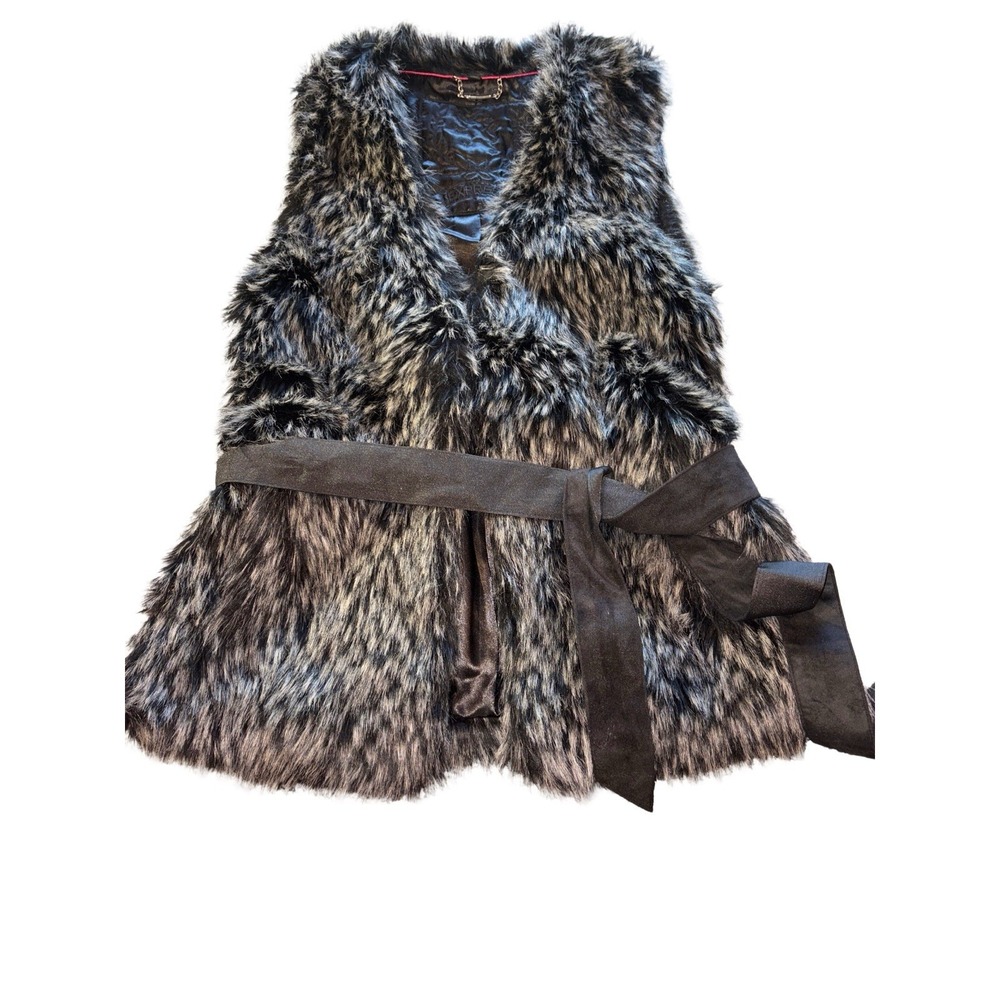 Express Women's Medium Black‎ Gray Faux Fur Vest Removable Belt Bohemian Party